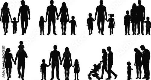 Collection of silhouettes featuring various happy families with children walking and playing together in various poses for parenting and lifestyle themes
