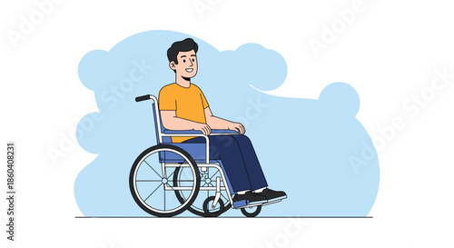 Happy young man in a wheelchair, smiling confidently and looking forward, symbolizing mobility, independence, and a positive outlook.