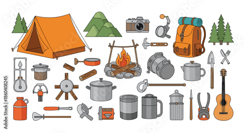 Extensive collection of essential camping and outdoor equipment, including a tent, campfire, backpack, and various cooking utensils, for adventure.