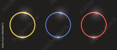 Neon circle frame. Set of round neon border. Glowing neon lighting on dark background. Vector