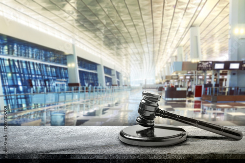 Obraz na plátně Gavel for justice and the law in an airport departure hall, suggesting a global travel or international legal issue