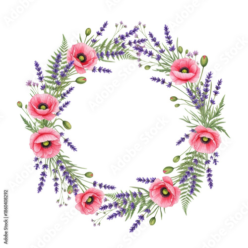 Photorealistic watercolor illustration of a detailed symmetrical summer wildflower wreath (pink poppies, purple lavender) on a white background. Concept for sophisticated botanical border