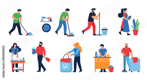 Diverse collection of male and female characters diligently performing various cleaning chores, showcasing home maintenance and hygienic practices.