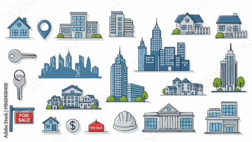 Real Estate Icons - Houses, Buildings, and Cityscapes Collection.