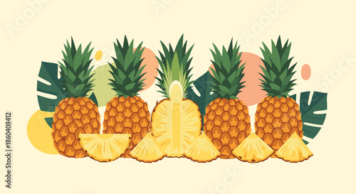 Vibrant arrangement of whole and sliced pineapples, surrounded by lush tropical leaves and abstract shapes, symbolizing freshness and summer.