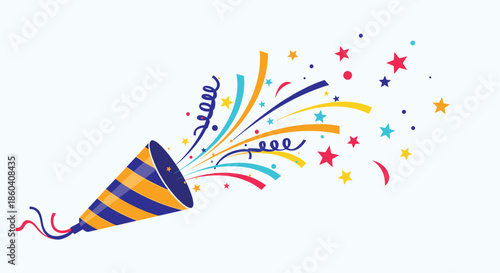 Festive party popper exploding with colorful confetti and streamers, symbolizing celebration, joy, and special events.
