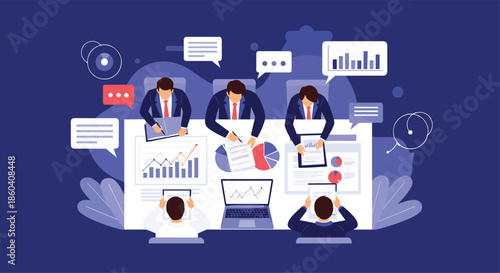 Intensive business meeting with multiple professionals collaborating around a table, analyzing charts and data on laptops, for strategic planning.