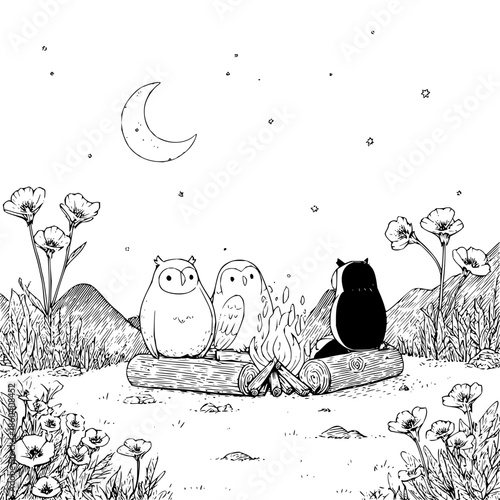 Owls and Cat Sitting by Campfire under Crescent Moon