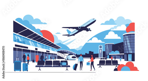 Bustling airport terminal with passengers, luggage, and a plane taking off, set against a modern city skyline, symbolizing global travel.