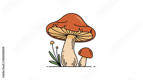 Stylized illustration of a large brown-capped mushroom next to a smaller one, with a few blades of grass, drawn in a simple outline cartoon style.