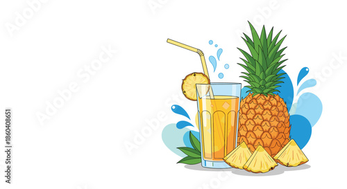 Vibrant pineapple alongside a glass of fresh pineapple juice, complete with water splashes, symbolizing tropical refreshment and healthy beverages.