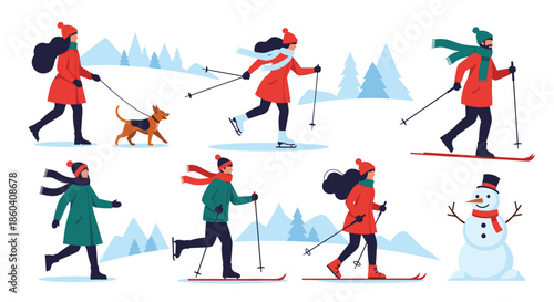 Dynamic collection of people enjoying diverse winter activities like skiing, ice skating, walking a dog, and building a snowman, in a snowy landscape.