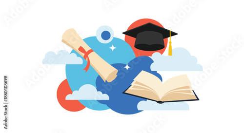 Symbolic illustration of a graduation cap, rolled diploma, and an open book floating among clouds, representing academic achievement and education.