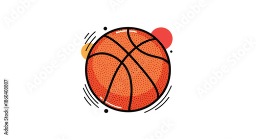Vibrant basketball with classic texture and lines, surrounded by abstract dynamic shapes, symbolizing sports, energy, and game play.