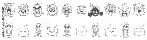 Cartoon Character Expression Set. Collection of Funny Comic Face Emoticons