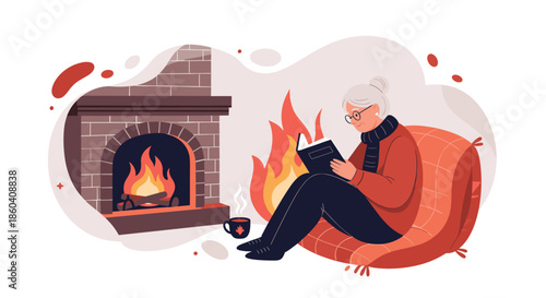 Cozy elderly woman wearing glasses, comfortably reading a book by a warm fireplace on a cold evening, enjoying peace and quiet at home.