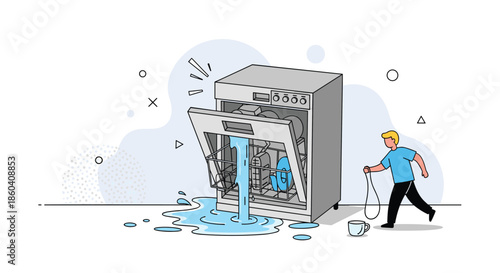 Frustrated man attempting to repair a leaking dishwasher that is overflowing with water onto the floor, depicting a common household problem.