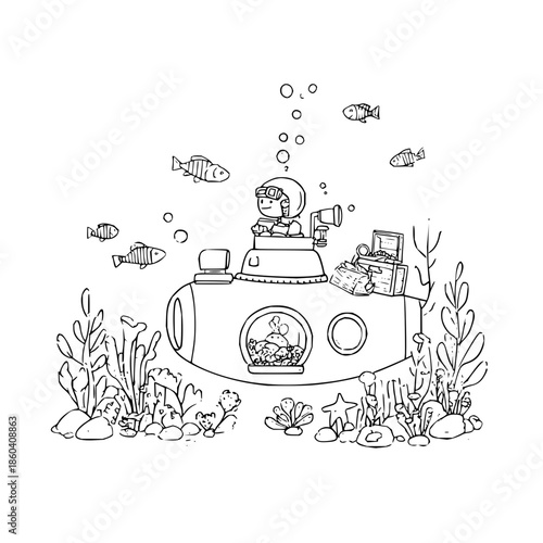 Boy Exploring Ocean in Submarine with Fish and Seaweed