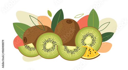 Fresh arrangement of whole and sliced kiwis, revealing their vibrant green flesh and tiny seeds, surrounded by lush tropical leaves and abstract shapes.