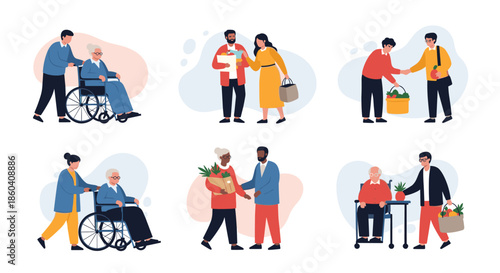 Compassionate collection of people providing care and assistance to elderly and disabled individuals, including wheelchair support and grocery help.