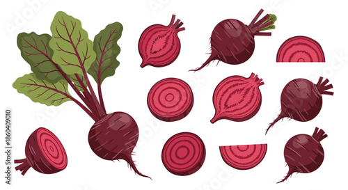 A vibrant collection of fresh red beets, including whole beetroots with green leaves and various cross-sections, illustrating healthy organic vegetables.