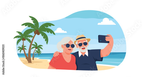 Happy elderly couple enjoying a tropical beach vacation, smiling and taking a joyful selfie together with palm trees and the blue ocean in the background.