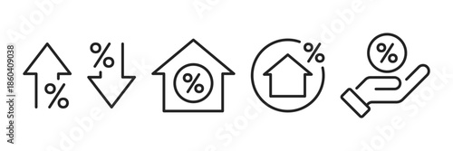 High and low house interest rate icon set. Mortgage rate icon set. High inflation rate line symbol. Purchase a home on a mortgage