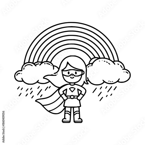 Female Superhero Standing Under Rainbow with Rain Clouds