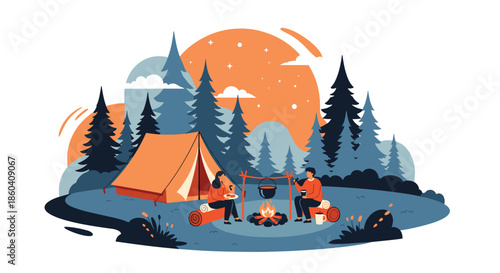 Illustration of two people camping in a serene forest setting under a moonlit sky, enjoying a campfire with a tent and cooking pot, embodying outdoor adventure.