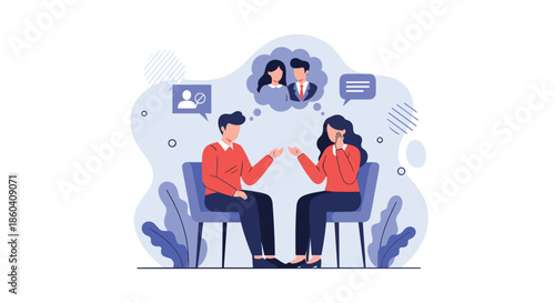Couple discussing relationship issues or undergoing therapy, with thought bubbles indicating past happiness and potential social or emotional distance.