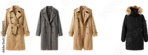 Five different coats displayed , from left to right: tan trench coat with toggle buttons, gray textured coat, tan trench coat with open front, gray textured coat, black coat with fur-lined hood.