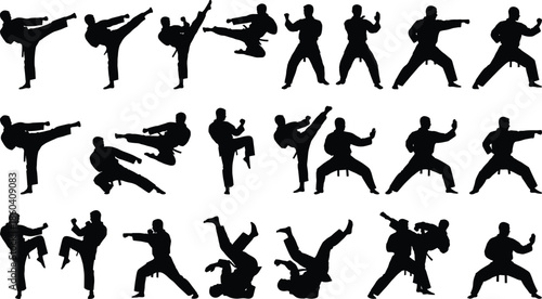 Black Silhouette Vector Collection of Martial Arts Athletes Performing Karate Kicks Punches and Grappling Maneuvers for Combat Sports and Fitness Design
