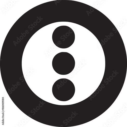 A simple graphic of a black circle with three black dots inside on a white background space filler
