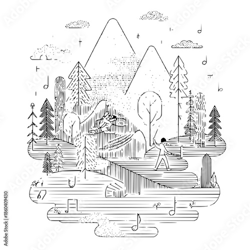 Guitar Player on Bridge in Mountain Forest with Music Notes