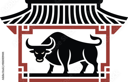 Chinese zodiac animal ox inside traditional architecture frame vector art
