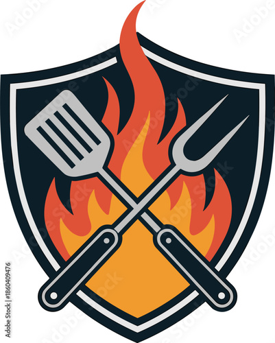 Cooking equipment shield badge with crossed spatula and fork amidst bright flames