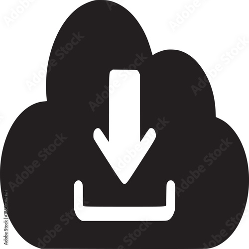 A black cloud with a white arrow pointing down into a white tray on a white background image icon