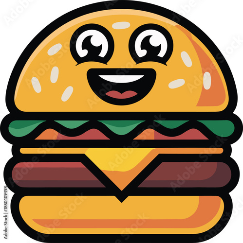 cute burger character smiling with big eyes and mouth vector cartoon illustration