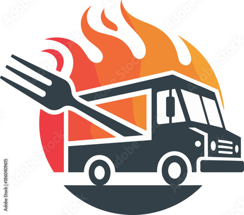 Food truck with fork and flames creative logo design vector illustration