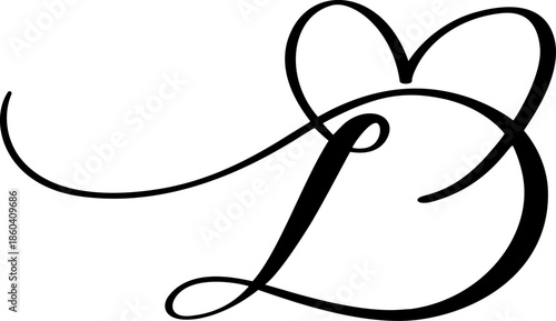 Calligraphic valentine D letter forming a heart shape love, vector black and white initial monogram for wedding or anniversary