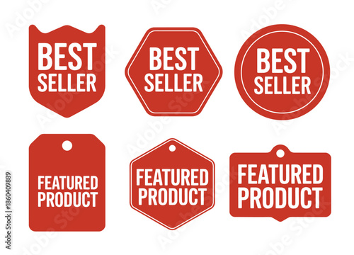 Red best seller and featured product tags in various shapes, ideal for marketing campaigns, product promotions, and highlighting popular items in retail and e commerce design projects.