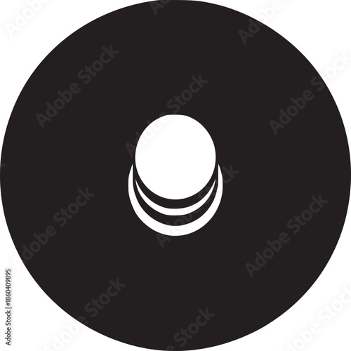A black disk with a white circular button in the center on a white background in simple design