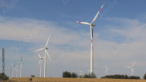 New Electric Power Turbines Wind Farm in Yellow Maize Field of Vojvodina Serbia Renewable Energy