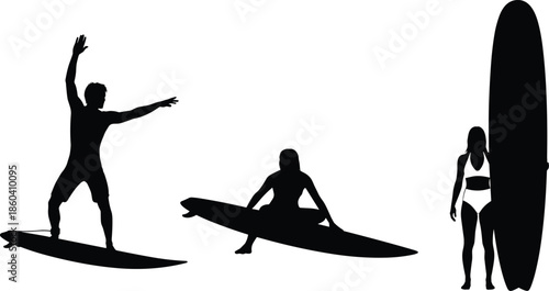 Surfer silhouette collection vector illustration showing men and women surfing standing sitting and carrying surfboards isolated on white background