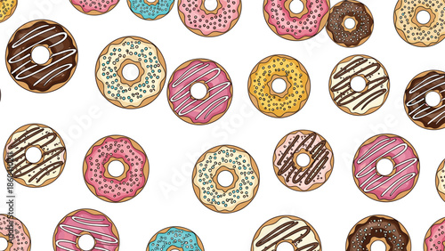Seamless pattern of assorted hand-drawn donuts with colorful glazes like pink, blue, and yellow, plus chocolate frosting and various sprinkles.