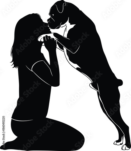 Woman and dog affectionate silhouette vector illustration showing love trust and companionship between human and pet isolated on white background design
