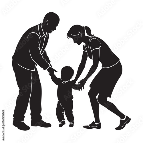 Parents Teaching Child To Walk Safely