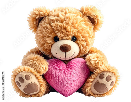 Cute teddy bear holding a pink heart isolated on transparent background, a sweet and adorable plush toy for valentines day or any special occasion.