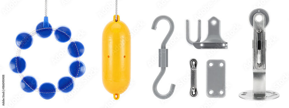 Fototapeta premium Photograph of various objects: blue pom-pom necklace, yellow cylindrical object, gray metal hook, gray metal bracket, gray metal rod, clear glass base, all on.