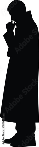 Thoughtful man silhouette wearing long coat standing profile isolated on white background for mystery noir character design projects illustration vector